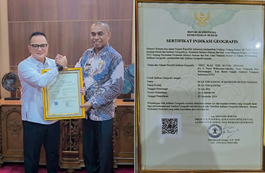 Pemerintah Kabupaten Buton Tengah (Pemkab Buton Tengah) semakin memperkuat sinergi dengan Kantor Wilayah Kementerian Hukum (Kemenkum) Sulawesi Tenggara (Sultra). Diterimanya sertifikat Indikasi Geografis (IG) untuk produk unggulan daerah, "Teri Waburense". Foto : IST